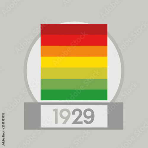 Colorful Striped Flag with Red, Orange, Yellow, and Green Bands in a Silver Frame Labeled 1929 Featuring Stripes, Color, Design