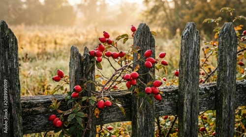 Vibrant red berries on old wooden fence in autumn field