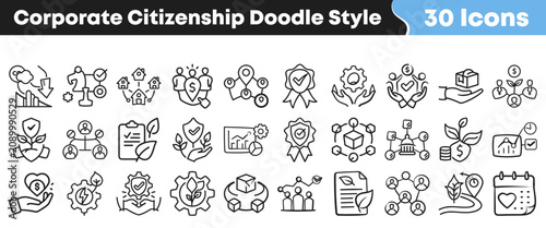 Set of thirty corporate citizenship doodle style hand drawn icons