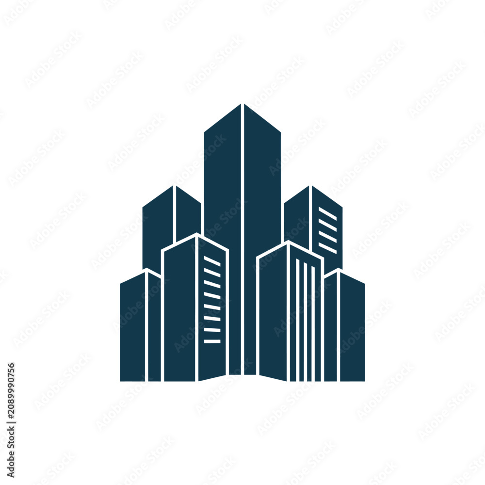 Fototapeta premium Abstract blue skyscraper skyline corporate building logo.