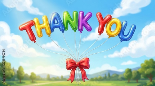 Colorful thank you message with red bow in a sunny landscape