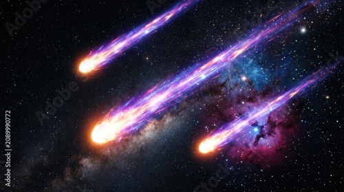 Meteors streak across starry night sky with vibrant purple trails