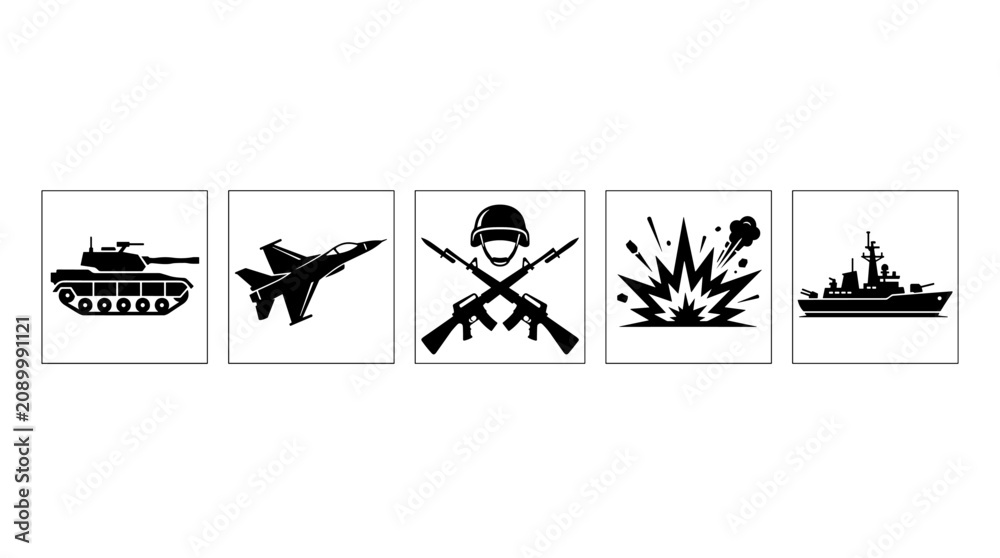 Fototapeta premium Military Equipment and Warfare Action Icon Set