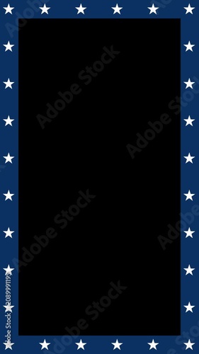 Vertical 4K video with alpha channel. Loop animation. Blue frame with white stars on transparent background. Social media template. Holiday, freedom, USA Independence Day, 4th of July, glory concept