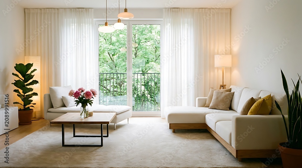 Fototapeta premium Bright and airy living room with white sectional sofa, wooden coffee table, and plants interior white sofa