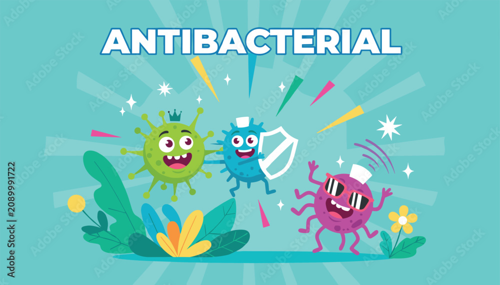 Fototapeta premium Playful antibacterial concept poster showing cartoon virus characters and one holding shield to protect against germs.