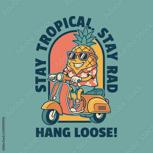 This fun illustration features a stylish pineapple wearing sunglasses and a tropical shirt, riding a scooter, epitomizing the carefree and adventurous spirit of summer.