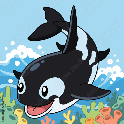 A joyful and playful orca swims through a colorful coral reef, capturing the beauty of marine life and the cheerful essence of the ocean in a vibrant, friendly style.