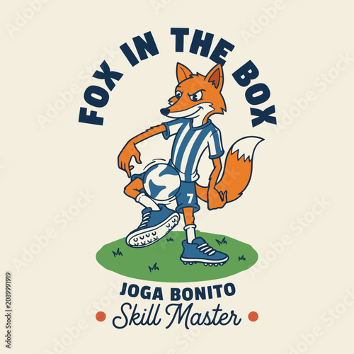 An animated fox character engaged in soccer, dressed in a sports uniform, showcasing skill and agility in a playful and entertaining sports illustration.