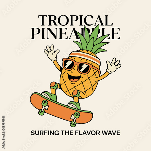 An animated pineapple character skateboarding with sunglasses, proudly showcasing a lively surfing attitude that's fun and inviting, embodying a tropical vibe.