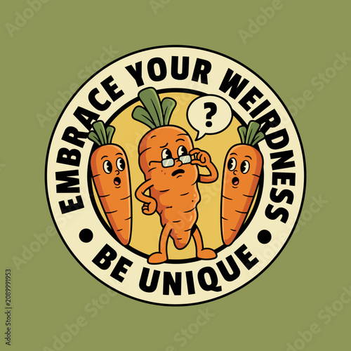 A main carrot character wears glasses while two other carrots observe, promoting the message of embracing individuality and quirks, highlighted by a charming and playful design.