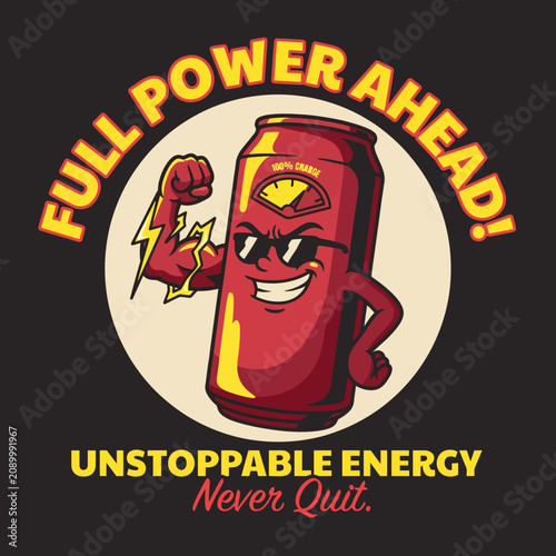 A lively character designed as an energy drink can, exuding vitality and motivation, perfect for wellness and fitness brands promoting energy and positivity.