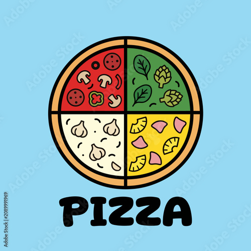 This playful image features a divided pizza showcasing different toppings, capturing the joy of pizza lovers and the satisfaction of diverse flavors.