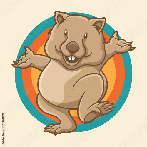 This playful illustration features a cartoon wombat character joyfully standing on two legs, exuding a sense of friendliness and charm, perfect for children's illustrations.