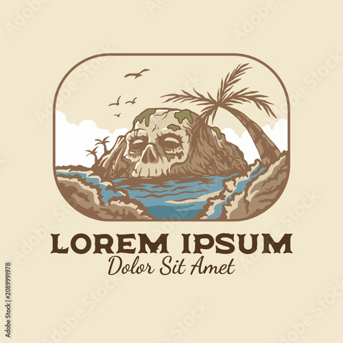 This illustrated landscape features a mysterious island with a skull-shaped rock formation, surrounded by serene waters and palm trees, evoking a sense of adventure.