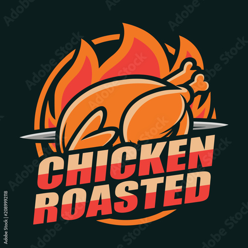 This striking image showcases a roasted chicken with flames, symbolizing comfort food and the warmth of home cooking in a bold graphic style, perfect for food enthusiasts.