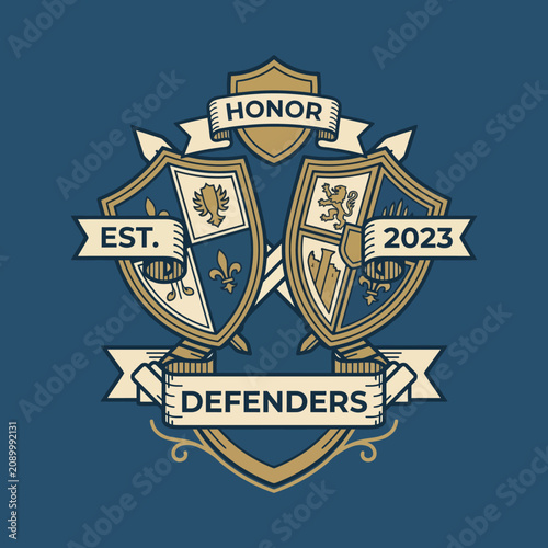 A sophisticated shield design with banners representing honor and defense, ideal for family crests, organizations, or sports teams aiming for tradition and strength.