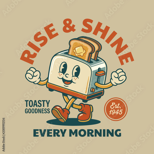 A charming illustration of a smiling toaster with toast and joyful elements, emphasizing the nostalgic and comforting vibes of breakfast and morning routines.