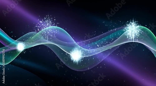 Glowing wave particles move through space with purple light beams