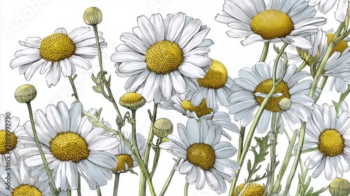 high-detail botanical illustration of chamomile daisies