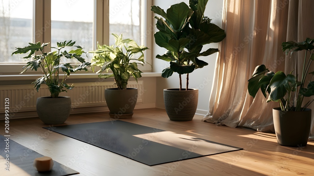 Fototapeta premium A peaceful indoor yoga mat surrounded by potted houseplants near a window with sunlight and curtains