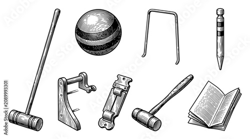 Vintage Engraving Style Croquet Equipment Set Illustration