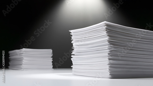 Clean, large, and small stacks of copier paper on a white surface, highlighted by a spotlight against a dark background, representing bureaucracy and documentation