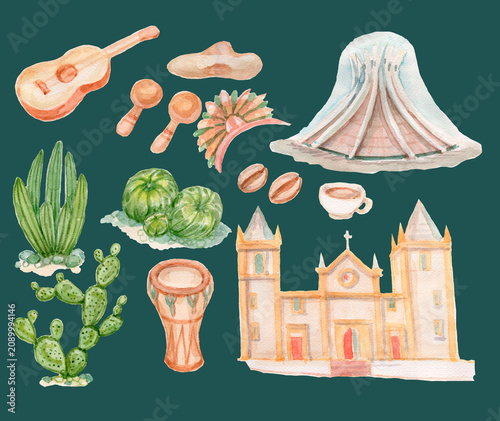 Photography South America travel  illustration with landmarks, tropical animals, palm trees, exotic flowers and ocean background