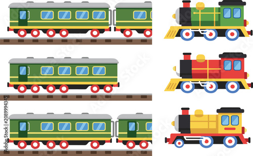 Vintage Train and Railway Carriage Vector Collection with Steam Locomotives Passenger Coaches and Classic Rail Transport Icons