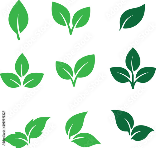 Set of flat green leaves icons and symbols 