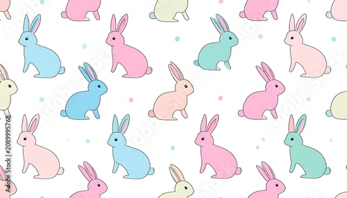 A seamless pattern of cute cartoon rabbits in pastel colors on white background