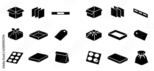 Packaging and gift concept icons with folding boxes, tags and bags for branding design in solid icon style