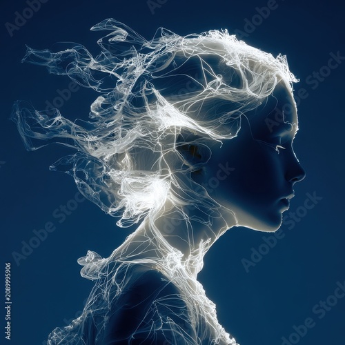 Ethereal glowing consciousness emerges from a serene woman's profile against a deep blue backdrop