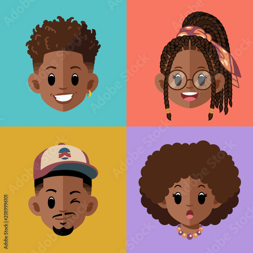 The image showcases four diverse cartoon faces, each with unique hairstyles and expressions, presented in a vibrant, colorful pop art style that emphasizes individuality.