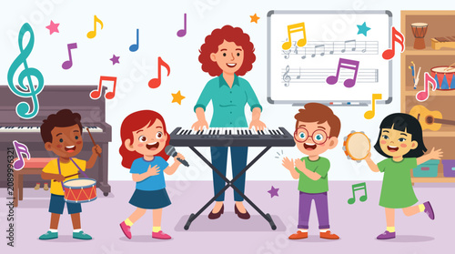 An adorable illustration of children joyfully participating in a music class, enhancing themes of creativity, collaboration, and the joy of learning with playful instruments.