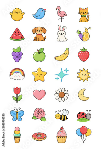 Colorful Hand Drawn Cartoon Animals and Nature Elements Vector Illustration Set