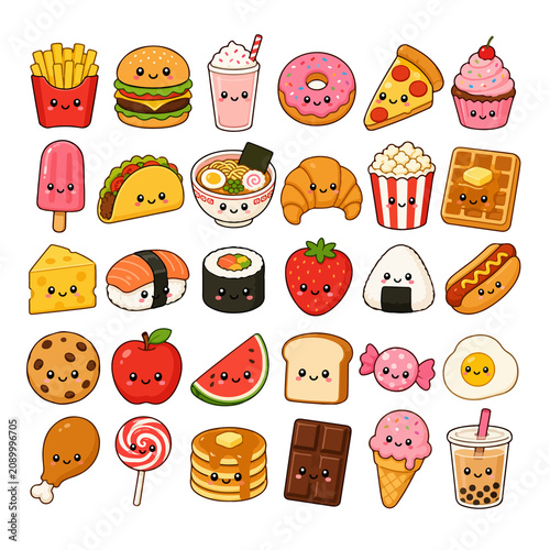 Colorful Flat Lay Illustration of Assorted Sweet and Savory Snack Foods on White Background