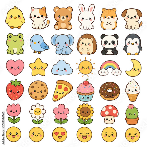Colorful Collection of Cartoon Animal and Food Faces in Flat Design Illustration
