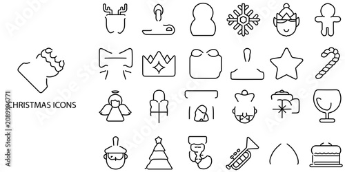 Christmas simple New concept 24 Black and White color Technical Drawing icons set. Vector illustration.