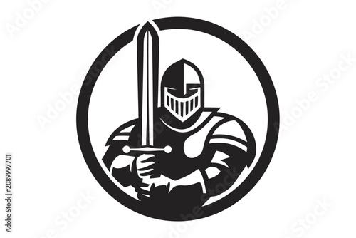 Konstfotografi Classic Knight Silhouette Guarding with Sword, Medieval Sentinel Vector Illustra