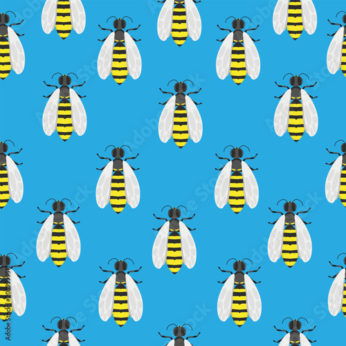vector seamless pattern featuring cartoon wasp insects with yellow and black stripes over a bright blue background