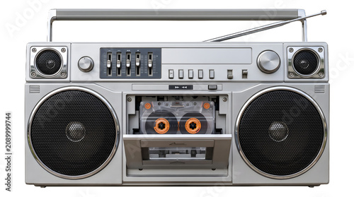 A classic boombox with cassette player and large speakers is shown