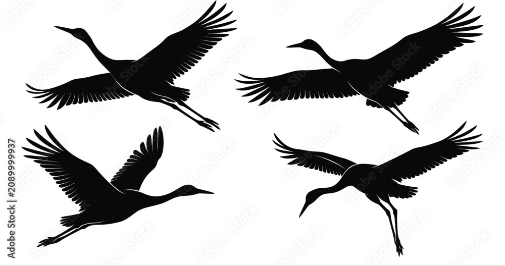 Obraz premium Beautiful Flying Birds Silhouette Collection - Majestic Cranes and Herons with Spread Wings in Dynamic Flight Positions, Vector Graphics for Nature Projects
