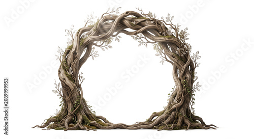 Photorealistic circular frame made of twisted tree roots and crystal leaves isolated on transparent background