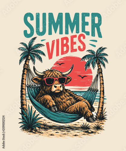 Cool highland cow wearing sunglasses relaxing in a hammock between palm trees with summer vibes text for tropical beach vacation graphic design illustration tshirt design