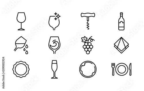 Wine glass rim. Line outline icon set of Wine glass rim: wine glass silhouette, sparkling rim highlight, corkscrew opener, wine bottle, dripping wine pour, tasting swirl, grape cluster, cocktail