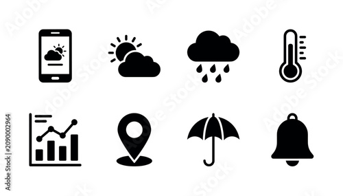 Checking Weather On Phone. Filled icon set of Checking Weather On Phone: mobile forecast screen, snowflake weather icon, sunshine rays, humidity droplet, weather notification bell, map location pin,