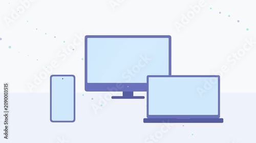 Electronics display featuring computer monitor, laptop, and mobile phone devices.