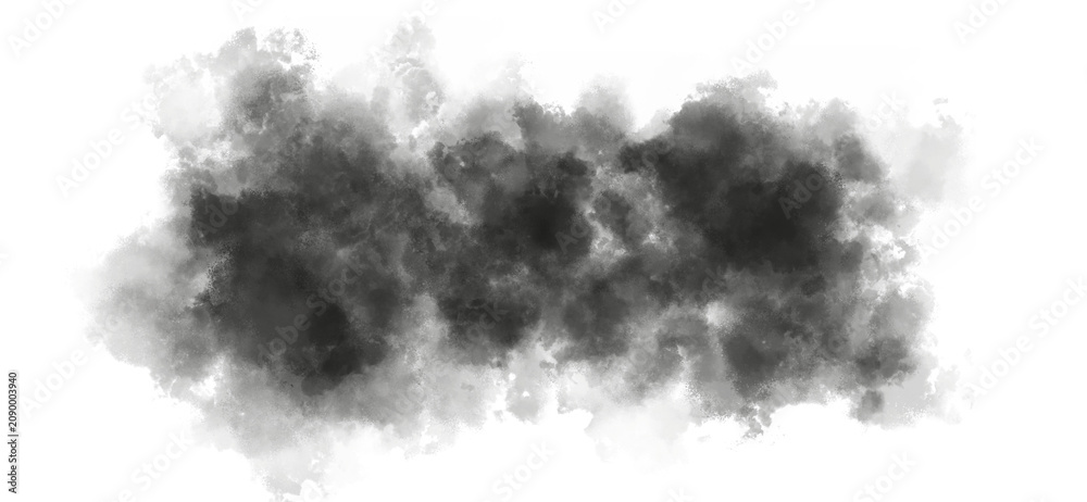 Obraz premium Black smoke cloud texture with realistic soft vapor and fog effect isolated on white background. Dramatic atmospheric element for overlays, backgrounds, posters, horror themes, and digital designs.