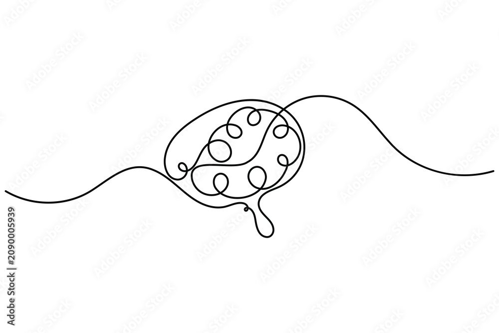 Obraz premium Modern human brain icon sign scribble continuous one line drawing on white background minimalist single art psychology of memory and mental health symbol outline vector illustration